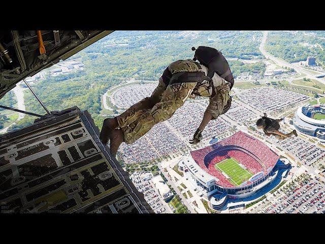 Crazy US Navy SEALs Team Jumps into Crowded Football Stadium