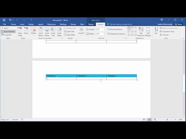 How to Repeat Heading Row of Table on each page in a document in Word 2016