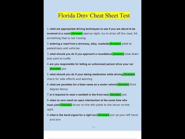 FLORIDA DMV CHEAT SHEET TEST QUESTIONS EN ANSWERS 2022 VERIFIED ANSWERS