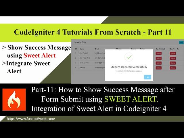 CodeIgniter4 - Part-11: How to Show success message using Sweet Alert | Integrate Sweet Alert in CI4