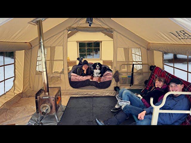 2 Days Family Snow Camping in 2 ROOM INFLATABLE Hot Tent with DOG