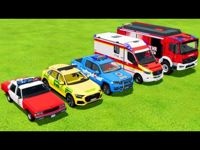 ALL POLICE CARS, AMBULANCE EMERGENCY, FIRE DEPARTMENT TRANSPORTING WITH TRUCKS! Farming Simulator 22