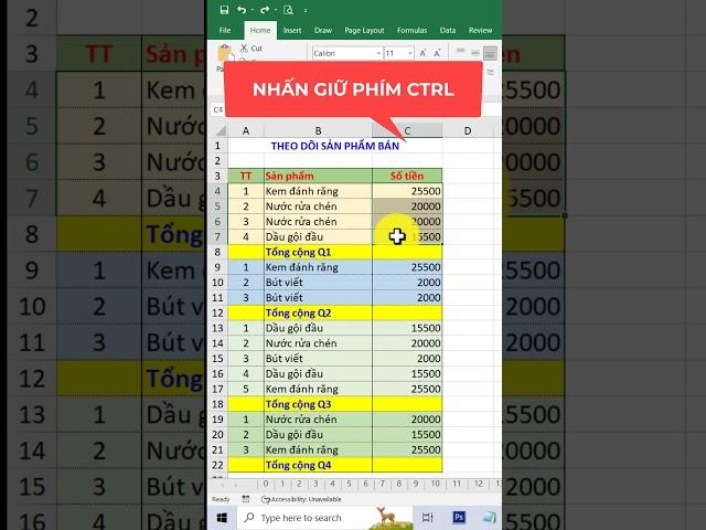 Cách tính nhanh tổng các vùng dữ liệu trong Excel #shorts