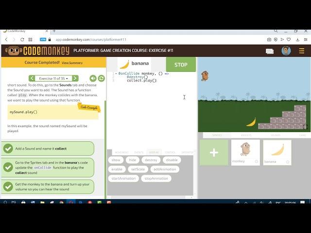 Platformer. Game Creation Course: Exercise#1-35. CODEMONKEY. Платформер. Курс по созданию игр.