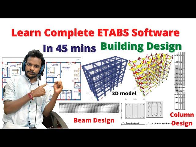 Complete ETABS Software in 45 minutes | Building design | beam design, column design, IS |