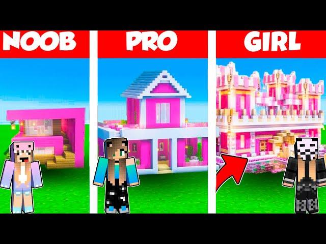 Minecraft Battle: PINK BARBIE HOUSE BUILD CHALLENGE - NOOB vs PRO vs GIRL / Animation