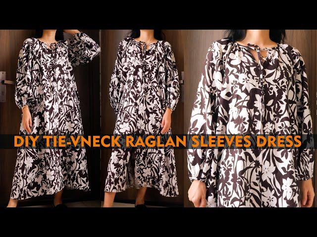DIY Tie-Neck Raglan Sleeves Linen Dress | How To Make Raglan Sleeve Dress