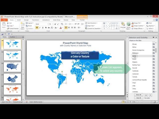 Selectable countries by name and color in PowerPoint World Map