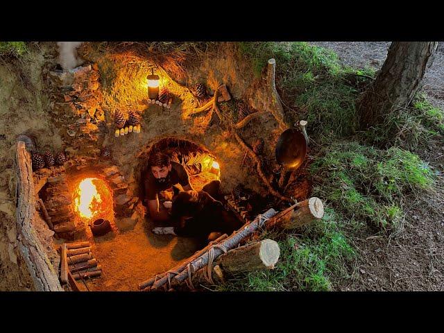 Building UNDERGROUND Bushcraft Shelter for SURVIVAL 5 DAYS. Fireplace Mushroom Cooking. Camping ASMR