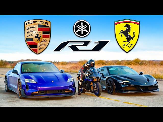 Porsche Taycan Turbo GT v Ferrari SF90 v Yamaha R1M: DRAG RACE