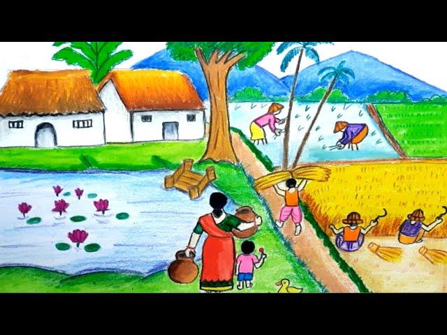 rural life scenery drawing  easy  |village lifestyle scenery drawing easy | village people drawing