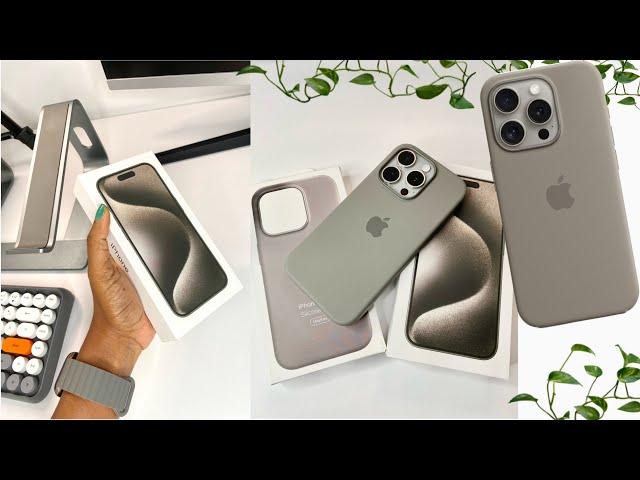 iPhone 15 Pro Natural Titanium aesthetic unboxing + Apple Clay Silicone Case | setup iOS 17