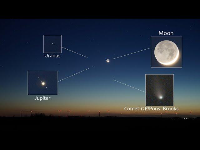 Comet 12P/Pons–Brooks, Moon, Jupiter and Uranus close together in the evening sky!  WOW!!