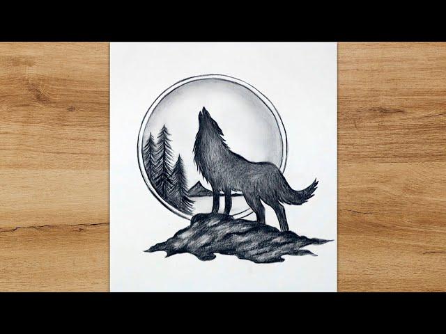 How to draw scenery of moonlight wolf easy and beautiful | Simple Drawing