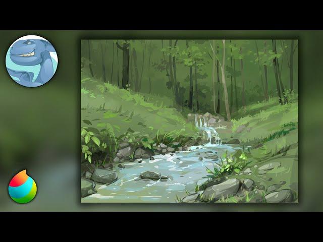 The process of creating a forest landscape with a stream, digital painting in Medibang Paint Pro.