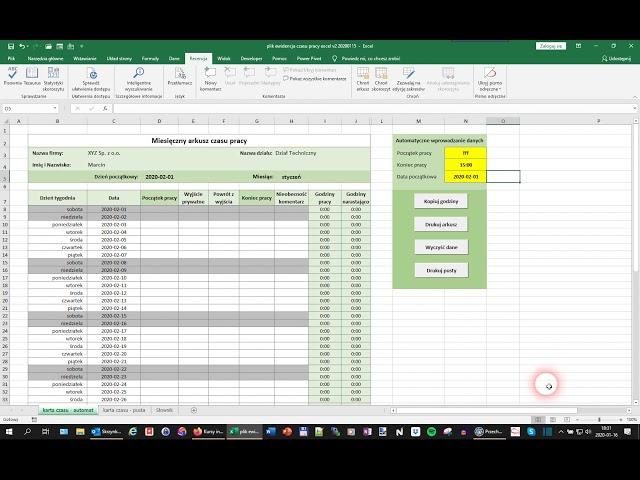 Ewidencja czasu pracy - prezentacja pliku Excel