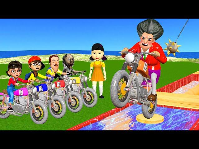 Scary Teacher 3D vs Squid Game Motorcycle Driving Obstacle, HoneyComb Candy Shapes 5 Times Challenge