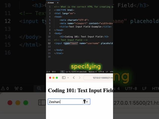 HTML Coding Q&A 21: Correct HTML for creating a text input field? #html #css #coding #shorts