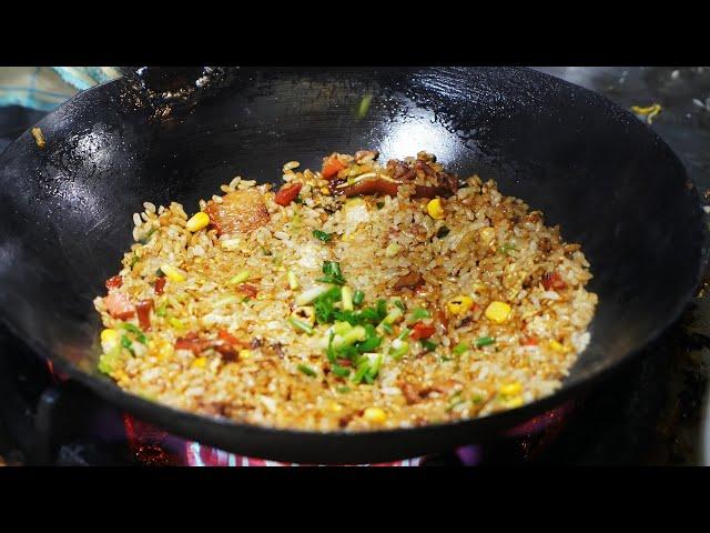 Chinese street food-best fried rice , fried noodles at night market Awesome Wok Technique