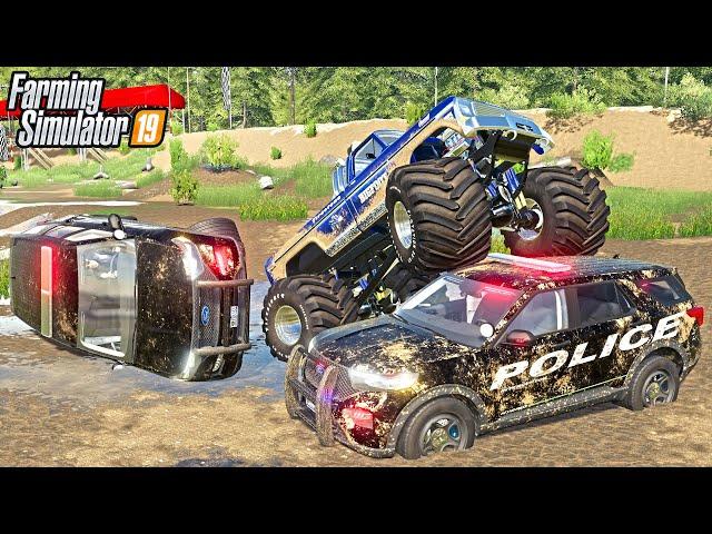 COPS TRY TO STOP US FROM MUDDING | COP CAR TOTALED | FARMING SIMULATOR 2019