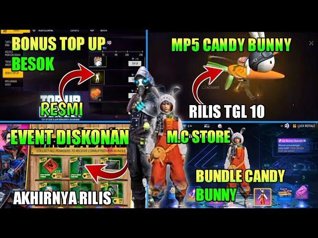 BOCORAN FF, BONUS TOP UP BESOK, TOKEN RING MP5 CANDY BUNNY RILIS TGL 10, EVENT DISKON, BUNDLE CEPCIL