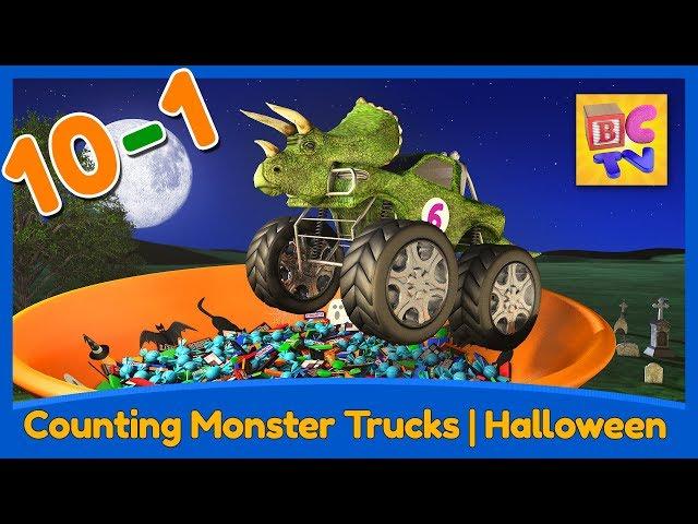 Counting Monster Trucks - Halloween Edition | Learn to Count Backwards from 10-1 for Kids