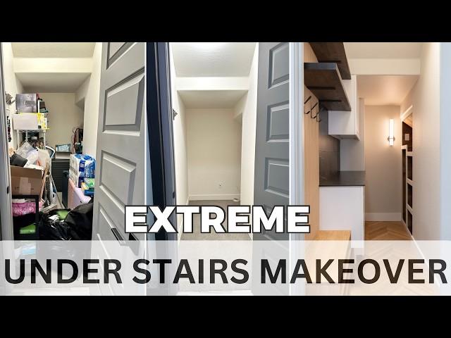 Extreme DIY Under Stairs Makeover REVEAL including Shaker Cabinet Door and Shoe Rack Build