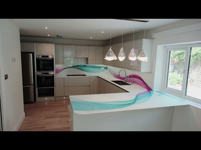 Modern Kitchens Ideas by CreoGlass Design | Printed Wave Glass Splashback and Glass Worktop