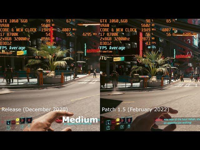 Cyberpunk 2077 - Release vs Patch 1.5 - FPS Test - GTX 1060 6GB | i7 8700k [1080p]