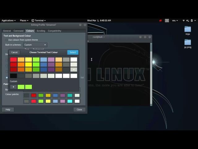 How to chage the text and background colour of kali linux2016.2 terminal