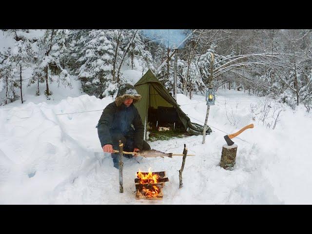 Hot Tent Camping in a Snowstorm - Bushcraft, hobo rod, ice fishing - Catch, Cook & Camp