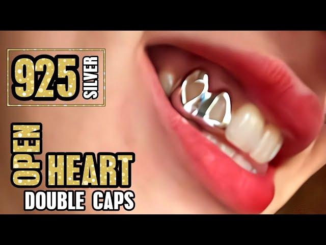 925 Sterling Silver Double Caps Heart Cutout Open Teeth Grillz