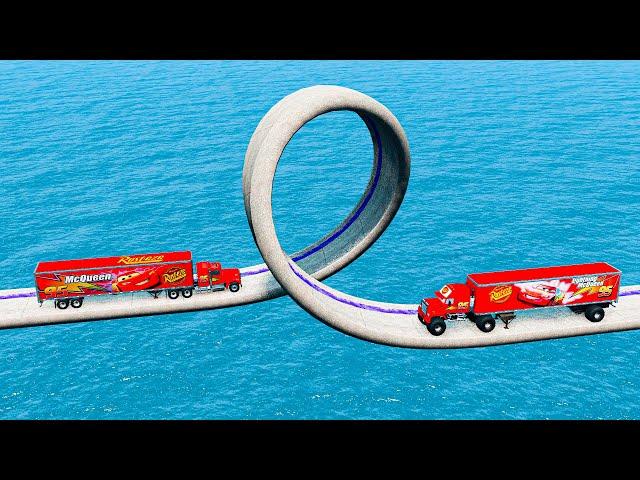 Mack Truck vs Monster Mack Truck vs Impossible Spiral Bridge Crossing Cars Vs Deep Water - BeamNG