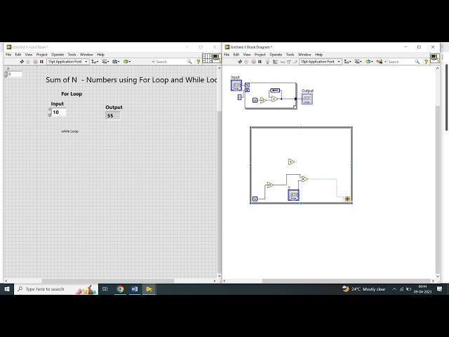 10 Sum of n numbers using for and while loop using Labview