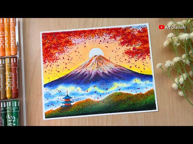 Mount Fuji Autumn Oil Pastel Drawing for Beginners STEP by STEP