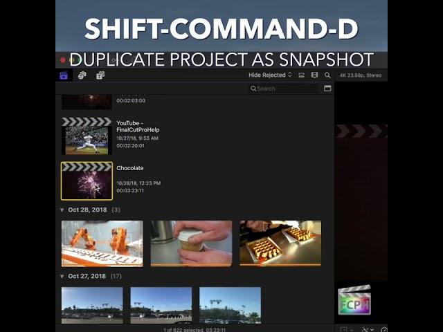 Final Cut Pro Shortcut | Shift-Command-D | Duplicate Project as Snapshot