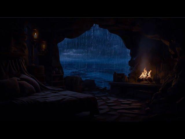 Hide in the Seaside Cave when the Rain & Thunder come️Relax with Waves, Rain &  Campfire sounds