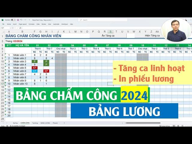 BẢNG CHẤM CÔNG và BẢNG LƯƠNG bằng Excel rất hay: Giờ công và giờ tăng ca