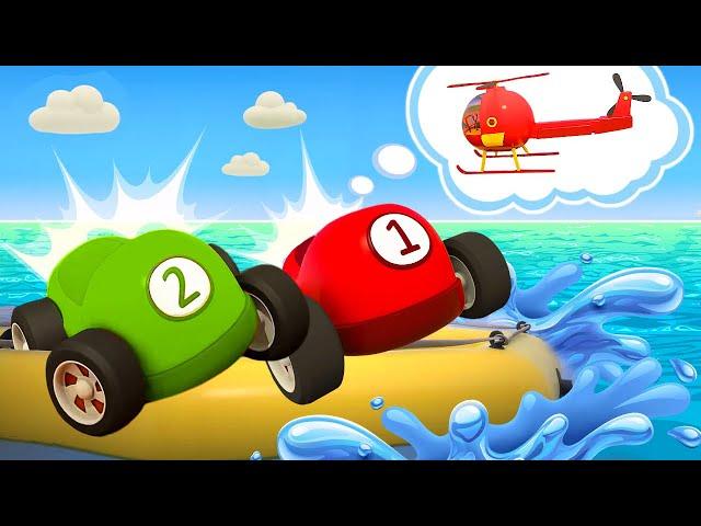 The colorful racing cars are sinking! Rescue helicopters and Helper cars save the day.