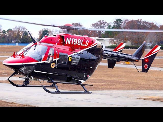 BK117 C-1 Helicopter up close action:Landing, startup, and takeoff