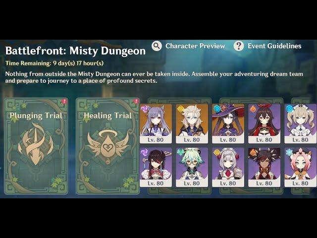 Battlefront: Misty Dungeon Event - Day 1 - Plunging + Healing Trials [Genshin Impact][1.5 Event]