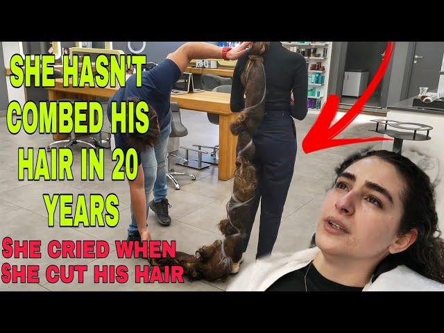 VERY VERY LONG !! Girl cries during an extreme long to short haircut