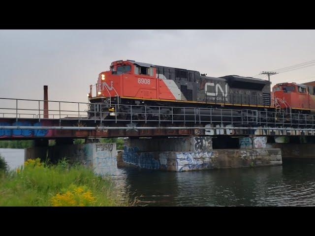 TRAINS CN Freight Crossing Lachine Canal Bridge After Evening Rain Shower