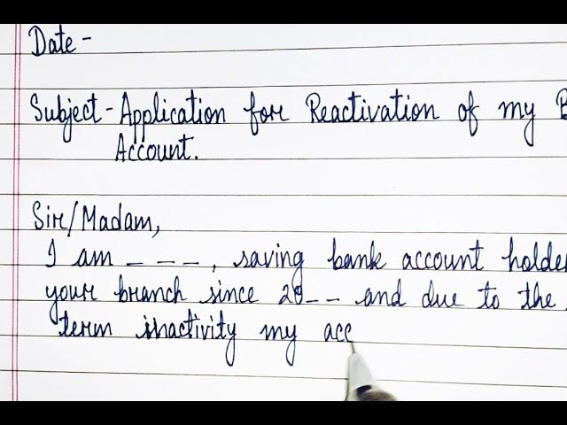 Application letter writing for Reactivation of Bank account||In English||Handwriting format