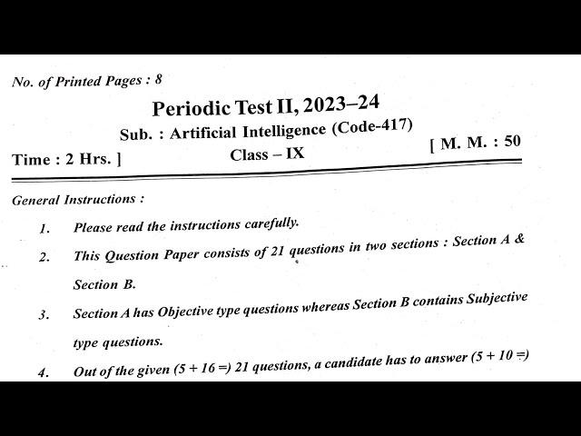 Class-9 Artificial Intelligence (AI) / PT-2 Half Yearly Exam Question Paper /CBSE KVS Periodic Test