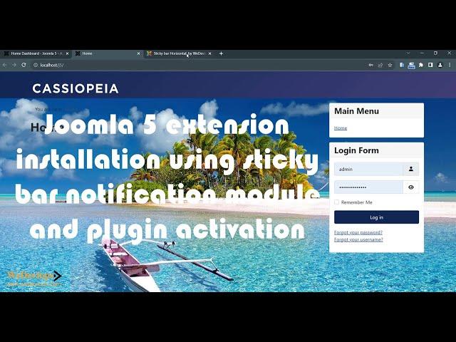 Joomla 5 extension installation using sticky bar notification module and plugin activation