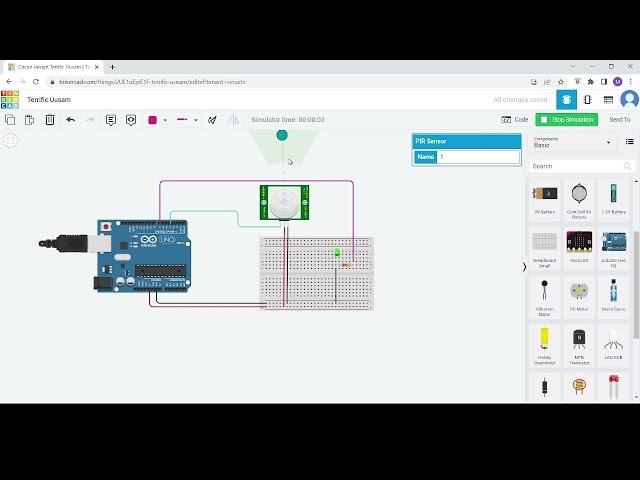 TinkerCad simulation of IR sensor with LED light using Arduino.