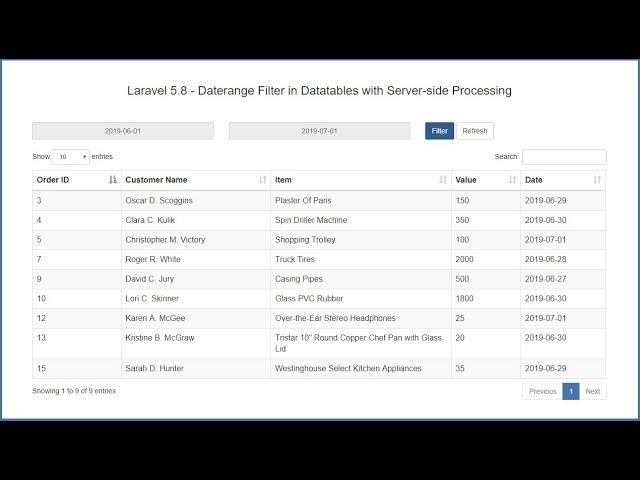 Laravel 5.8 - Date range Filter in Datatables with Server-side Processing