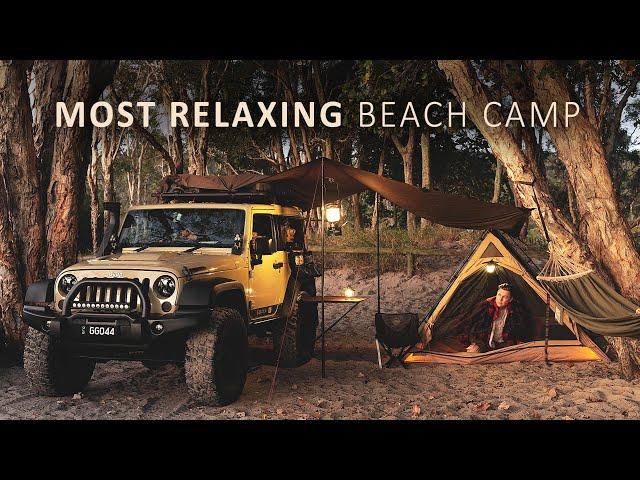 Relaxing SOLO Camping on the BEACH [ Cozy Tent shelter | Gentle Rain | Silent Nature Vlog | ASMR ]