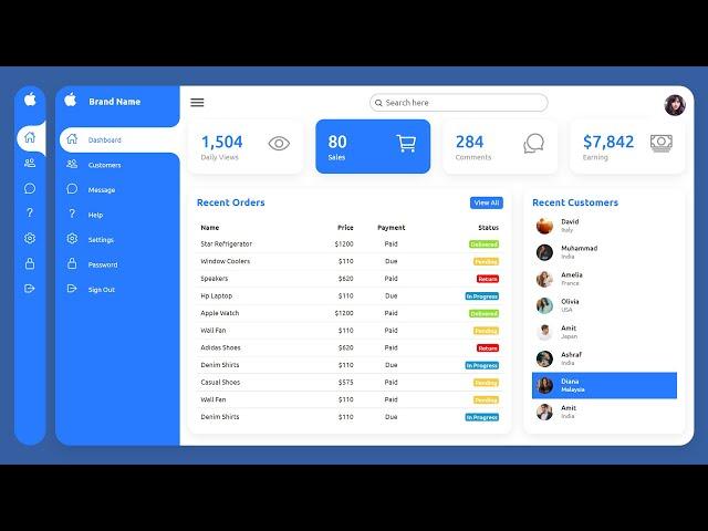 Create Responsive Admin Dashboard using Html CSS & Javascript | Simple Dashboard Template Design